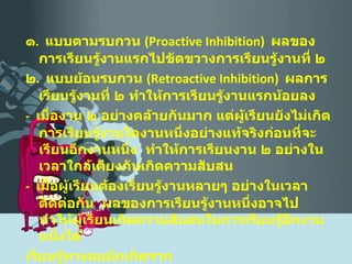 ๑ .  แบบตามรบกวน  ( Proactive Inhibition )  ผลของการเรียนรู้งานแรกไปขัดขวางการเรียนรู้งานที่ ๒ ๒ .  แบบย้อนรบกวน  ( Retroactive Inhibition )  ผลการเรียนรู้งานที่ ๒ ทำให้การเรียนรู้งานแรกน้อยลง -  เมื่องาน ๒ อย่างคล้ายกันมาก แต่ผู้เรียนยังไม่เกิดการเรียนรู้งานใดงานหนึ่งอย่างแท้จริงก่อนที่จะเรียนอีกงานหนึ่ง  ทำให้การเรียนงาน ๒ อย่างในเวลาใกล้เคียงกันเกิดความสับสน -  เมื่อผู้เรียนต้องเรียนรู้งานหลายๆ อย่างในเวลาติดต่อกัน  ผลของการเรียนรู้งานหนึ่งอาจไปทำให้ผู้เรียนเกิดความสับสนในการเรียนรู้อีกงานหนึ่งได้ เรียนรู้ทางลบมักเกิดจาก 