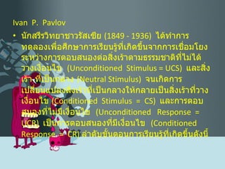 Ivan  P.  Pavlov นักสรีรวิทยาชาวรัสเซีย  (1849 - 1936)  ได้ทำการทดลองเพื่อศึกษาการเรียนรู้ที่เกิดขึ้นจากการเชื่อมโยงระหว่างการตอบสนองต่อสิ่งเร้าตามธรรมชาติที่ไม่ได้วางเงื่อนไข  ( Unconditioned  Stimulus =   UCS )  และสิ่งเร้า ที่เป็นกลาง  ( Neutral Stimulus )   จนเกิดการเปลี่ยนแปลงสิ่งเร้าที่เป็นกลางให้กลายเป็นสิ่งเร้าที่วางเงื่อนไข  ( Conditioned  Stimulus  =  CS )   และการตอบสนองที่ไม่มีเงื่อนไข  ( Unconditioned  Response  = UCR )  เป็นการตอบสนองที่มีเงื่อนไข  ( Conditioned  Response  =  CR )  ลำดับขั้นตอนการเรียนรู้ที่เกิดขึ้นดังนี้ 