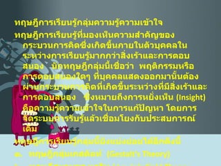 ทฤษฎีการเรียนรู้กลุ่มความรู้ความเข้าใจ  ทฤษฎีการเรียนรู้ที่มองเห็นความสำคัญของกระบวนการคิดซึ่งเกิดขึ้นภายในตัวบุคคลในระหว่างการเรียนรู้มากกว่าสิ่งเร้าและการตอบสนอง  นักทฤษฎีกลุ่มนี้เชื่อว่า  พฤติกรรมหรือการตอบสนองใดๆ ที่บุคคลแสดงออกมานั้นต้องผ่านกระบวนการคิดที่เกิดขึ้นระหว่างที่มีสิ่งเร้าและการตอบสนอง  ซึ่งหมายถึงการหยั่งเห็น  ( Insight )  คือความรู้ความเข้าใจในการแก้ปัญหา โดยการจัดระบบการรับรู้แล้วเชื่อมโยงกับประสบการณ์เดิม ทฤษฎีการเรียนรู้กลุ่มนี้ยังแบ่งย่อยได้อีกดังนี้ ๑ .  ทฤษฎีกลุ่มเกสตัลท์  ( Gestalt's Theory ) ๒ .  ทฤษฎีสนามของเลวิน  (  Lewin's Field Theory 