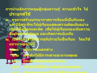 การนำหลักการทฤษฎีกลุ่มความรู้  ความเข้าใจ  ไป ประยุกต์ใช้ ๑ .  ครูควรสร้างบรรยากาศการเรียนที่เป็นกันเอง  และมีอิสระที่จะให้ผู้เรียนแสดงความคิดเห็นอย่างเต็มที่ทั้งที่ถูกและผิด  เพื่อให้ผู้เรียนมองเห็นความสัมพันธ์ของข้อมูล และเกิดการหยั่งเห็น ๒ .  เปิดโอกาสให้มีการอภิปรายในชั้นเรียน  โดยใช้แนวทางต่อไปนี้ ๒ . ๑  เน้นความแตกต่าง ๒ . ๒  กระตุ้นให้มีการเดาและหาเหตุผล ๒ . ๓  กระตุ้นให้ทุกคนมีส่วนร่วม  ๒ . ๔  กระตุ้นให้ใช้ความคิดอย่างรอบคอบ ๒ . ๕  กำหนดขอบเขตไม่ให้อภิปรายออกนอกประเด็น 