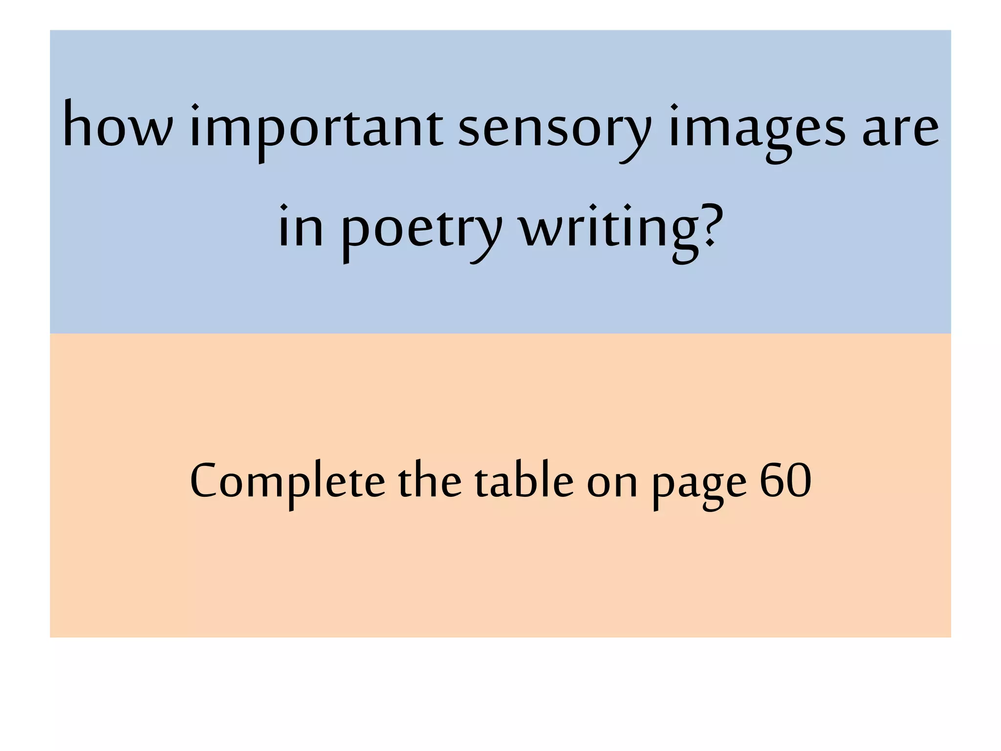 how important sensory images are
in poetry writing?
Complete the table on page 60
 