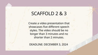Create a video presentation that
showcases five different speech
styles. The video should be no
longer than 3 minutes and no
shorter than 2 minutes.
DEADLINE: DECEMBER 3, 2024
SCAFFOLD 2 & 3
 