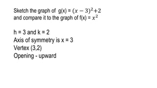 Sketch the graph of g(x) = (𝑥 − 3)2+2
and compare it to the graph of f(x) = 𝑥2
h = 3 and k = 2
Axis of symmetry is x = 3
Vertex (3,2)
Opening - upward
 