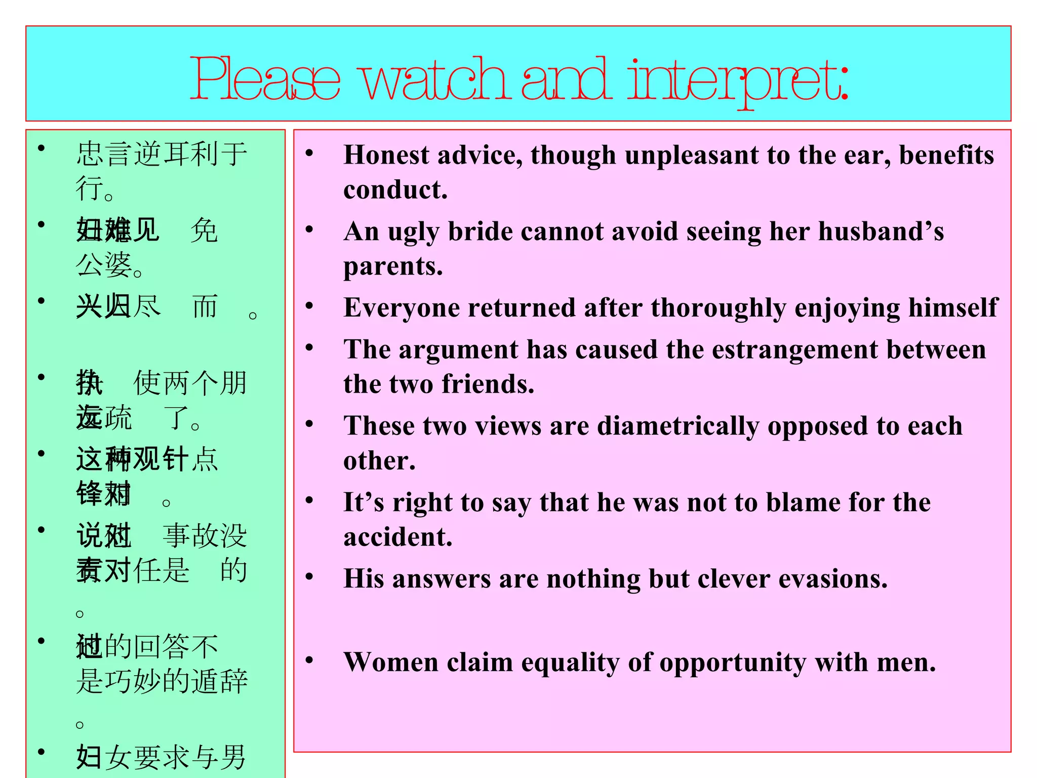 Please watch and interpret: 忠言逆耳利于行。  丑媳妇难免见公婆。  人人尽兴而归。  争执使两个朋友疏远了。  这两种观点针锋相对。  说他对事故没有责任是对的。 他的回答不过是巧妙的遁辞。 妇女要求与男人机会均等。  Honest advice, though unpleasant to the ear, benefits conduct. An ugly bride cannot avoid seeing her husband’s parents.  Everyone returned after thoroughly enjoying himself The argument has caused the estrangement between the two friends.  These two views are diametrically opposed to each other.  It’s right to say that he was not to blame for the accident.  His answers are nothing but clever evasions.  Women claim equality of opportunity with men.  