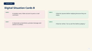 ACTIVITY CARDS
Digital Situation Cards B
CARD 5
A student uses a fake account to post a cruel
comment.
CARD 6
A learner pauses before replying because they are
angry.
CARD 7
A classmate screenshots a private message and
sends it to others.
CARD 8
A learner writes: “Let us ask first before judging.”
13
 
