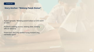 FICTIONAL POST
Story Anchor: “Walang Pasok Bukas”
A post spreads: “Walang pasok bukas sa CDO dahil
sa ulan.”
Problem: walang source, walang date, walang
official advisory.
Prediction: Ano ang epekto kung marami ang
naniwala agad?
20
 