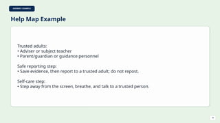 ANSWER / EXAMPLE
Help Map Example
Trusted adults:
• Adviser or subject teacher
• Parent/guardian or guidance personnel
Safe reporting step:
• Save evidence, then report to a trusted adult; do not repost.
Self-care step:
• Step away from the screen, breathe, and talk to a trusted person.
39
 