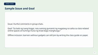 ANSWER / EXAMPLE
Sample Issue and Goal
Issue: Hurtful comments in group chats.
Goal: “Sa loob ng isang linggo, nais naming gumamit ng magalang na salita sa class-related
online spaces at humingi muna ng linaw bago manghusga.”
Offline inclusion: learners without gadgets can still join by writing the class guide on paper.
47
 