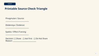 HANDOUT
Printable Source Check Triangle
Pinagmulan / Source:
____________________________
Ebidensiya / Evidence:
____________________________
Epekto / Effect if wrong:
____________________________
Decision: Share Ask First Do Not Share
□ □ □
Reason: ____________________________
57
 