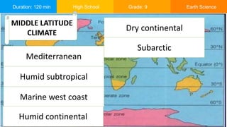 Duration: 120 min High School Grade: 9 Earth Science
MIDDLE LATITUDE
CLIMATE
Mediterranean
Humid subtropical
Marine west coast
Humid continental
Dry continental
Subarctic
 