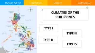 Duration: 120 min High School Grade: 9 Earth Science
CLIMATES OF THE
PHILIPPINES
TYPE I
TYPE III
TYPE II
TYPE IV
 