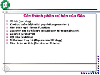 Mã hóa (encoding) Khởi tạo quần thể(innitial population generation ) Hàm thích nghi (fitness Function) Lựa chọn cho sự kết hợp lại (Selection for recombination) Lai ghép (Crossover) Đột biến (Mutation) Chiến lược thay thế (Replacement Strategy) Tiêu chuẩn kết thúc (Termination Criteria) Các thành phần cơ bản của GAs 