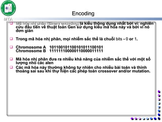 Encoding   Mã hóa nhị phân (Binary encoding)  là kiểu thông dụng nhất bởi vì: nghiên cứu đầu tiên về thuật toán Gen sử dụng kiểu mã hóa này và bởi vì nó đơn giản  Trong mã hóa nhị phân, mọi nhiễm sắc thể là chuỗi  bits  -  0  or  1 .  Chromosome A  101100101100101011100101 Chromosome B  111111100000110000011111  Mã hóa nhị phân đưa ra nhiều khả năng của nhiễm sắc thể với một số lượng nhỏ các alen Các mã hóa này thường không tự nhiên cho nhiều bài toán và thỉnh thoảng sai sau khi thự hiện các phép toán crossover and/or mutation.  