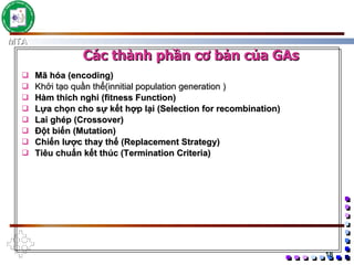 Mã hóa (encoding) Khởi tạo quần thể(innitial population generation ) Hàm thích nghi (fitness Function) Lựa chọn cho sự kết hợp lại (Selection for recombination) Lai ghép (Crossover) Đột biến (Mutation) Chiến lược thay thế (Replacement Strategy) Tiêu chuẩn kết thúc (Termination Criteria) Các thành phần cơ bản của GAs 