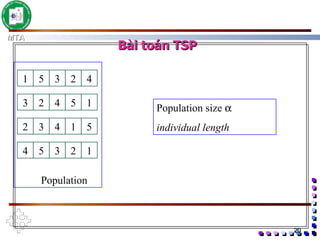 Bài toán TSP 1 5 3 2 4 3 2 4 5 1 2 3 4 1 5 4 5 3 2 1 Population Population size   individual length 