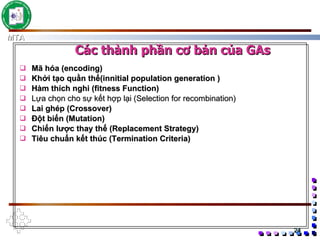 Mã hóa (encoding) Khởi tạo quần thể(innitial population generation ) Hàm thích nghi (fitness Function) Lựa chọn cho sự kết hợp lại (Selection for recombination) Lai ghép (Crossover) Đột biến (Mutation) Chiến lược thay thế (Replacement Strategy) Tiêu chuẩn kết thúc (Termination Criteria) Các thành phần cơ bản của GAs 
