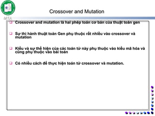 Crossover and Mutation  Crossover and mutation là hai phép toán cơ bản của thuật toán gen  Sự thi hành thuật toán Gen phụ thuộc rất nhiều vào crossover và mutation Kiểu và sự thể hiện của các toán tử này phụ thuộc vào kiểu mã hóa và cũng phụ thuộc vào bài toán Có nhiều cách để thực hiện toán tử crossover và mutation.  