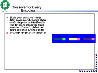 Crossover for Binary Encoding  Single point crossover  – một điểm crossover được lựa chọn, chuỗi nhị phân từ bắt đầu của NST tới điểm crossover được sao chép từ cha 1, phần cuối được sao chép từ cha còn lại 11001 011+11011 111  =  11001111   