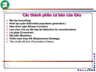Mã hóa (encoding) Khởi tạo quần thể(innitial population generation ) Hàm thích nghi (fitness Function) Lựa chọn cho sự kết hợp lại (Selection for recombination) Lai ghép (Crossover) Đột biến (Mutation) Chiến lược thay thế (Replacement Strategy) Tiêu chuẩn kết thúc (Termination Criteria) Các thành phần cơ bản của GAs 