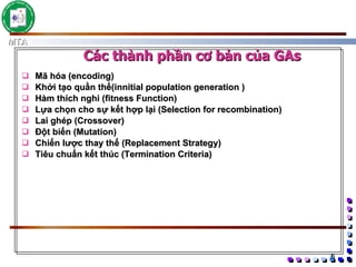 Mã hóa (encoding) Khởi tạo quần thể(innitial population generation ) Hàm thích nghi (fitness Function) Lựa chọn cho sự kết hợp lại (Selection for recombination) Lai ghép (Crossover) Đột biến (Mutation) Chiến lược thay thế (Replacement Strategy) Tiêu chuẩn kết thúc (Termination Criteria) Các thành phần cơ bản của GAs 