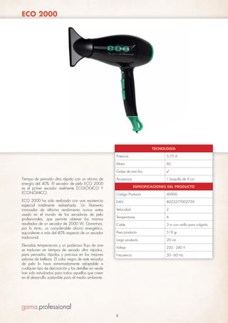 ECO 2000

TECNOLOGÍA
Potencia

5,75 A

Motor

AC

Golpe de aire frío

✓

Tiempo de peinado ultra rápido con un ahorro de
energía del 40%. El secador de pelo ECO 2000
es el primer secador realmente ECOLÓGICO Y
ECONÓMICO.

Accesorios

1 boquilla de 9 cm

Código Producto

40900

ECO 2000 ha sido realizado con una resistencia
especial totalmente rediseñada. Un filamento
innovador de altísimo rendimiento nunca antes
usado en el mundo de los secadores de pelo
profesionales, que permite obtener los mismos
resultados de un secador de 2000 W. Garantiza,
por lo tanto, un considerable ahorro energético,
equivalente a más del 40% respecto de un secador
tradicional.

EAN

8023277002739

Velocidad

2

Temperaturas

6

Cable

3 m con anillo para colgarlo

Peso producto

519 gr

Largo producto

20 cm

Voltaje

220 - 240 V

Frecuencia

50 - 60 Hz

Elevadas temperaturas y un poderoso flujo de aire
se traducen en tiempos de secado ultra rápidos,
para peinados rápidos y precisos en los mejores
salones de belleza. El color negro de este secador
de pelo lo hace extremadamente adaptable a
cualquier tipo de decoración y los detalles en verde
han sido estudiados para todos aquellos que creen
en el desarrollo sostenible para el medio ambiente.

ESPECIFICACIONES DEL PRODUCTO

8

 