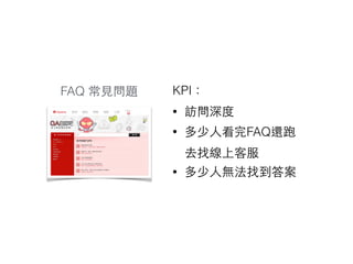 KPI：
• 訪問深度
• 多少⼈人看完FAQ還跑
去找線上客服
• 多少⼈人無法找到答案
FAQ 常⾒見問題
 