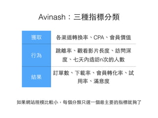 Avinash：三種指標分類
獲取 各渠道轉換率、CPA、會員價值
⾏行為
跳離率、觀看影⽚片⻑⾧長度、訪問深
度、七天內造訪n次的⼈人數
結果
訂單數、下載率、會員轉化率、試
⽤用率、滿意度
如果網站規模⽐比較⼩小，每個分類只選⼀一個最主要的指標就夠了
 
