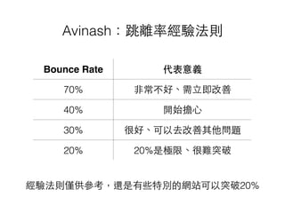 Avinash：跳離率經驗法則
Bounce Rate 代表意義
70% ⾮非常不好、需⽴立即改善
40% 開始擔⼼心
30% 很好、可以去改善其他問題
20% 20%是極限、很難突破
經驗法則僅供參考，還是有些特別的網站可以突破20%
 