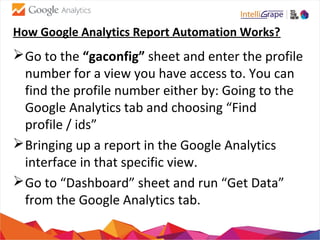 How Google Analytics Report Automation Works?
Go to the “gaconfig” sheet and enter the profile
number for a view you have access to. You can
find the profile number either by: Going to the
Google Analytics tab and choosing “Find
profile / ids”
Bringing up a report in the Google Analytics
interface in that specific view.
Go to “Dashboard” sheet and run “Get Data”
from the Google Analytics tab.
 