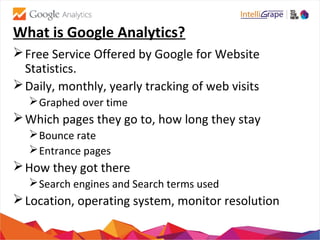 What is Google Analytics?
Free Service Offered by Google for Website
Statistics.
Daily, monthly, yearly tracking of web visits
Graphed over time
Which pages they go to, how long they stay
Bounce rate
Entrance pages
How they got there
Search engines and Search terms used
Location, operating system, monitor resolution
 
