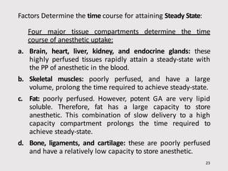 Factors Determine the time course for attaining Steady State:
Four major tissue compartments determine the time
course of anesthetic uptake:
a. Brain, heart, liver, kidney, and endocrine glands: these
highly perfused tissues rapidly attain a steady-state with
the PP of anesthetic in the blood.
b. Skeletal muscles: poorly perfused, and have a large
volume, prolong the time required to achieve steady-state.
c. Fat: poorly perfused. However, potent GA are very lipid
soluble. Therefore, fat has a large capacity to store
anesthetic. This combination of slow delivery to a high
capacity compartment prolongs the time required to
achieve steady-state.
d. Bone, ligaments, and cartilage: these are poorly perfused
and have a relatively low capacity to store anesthetic.
23
 