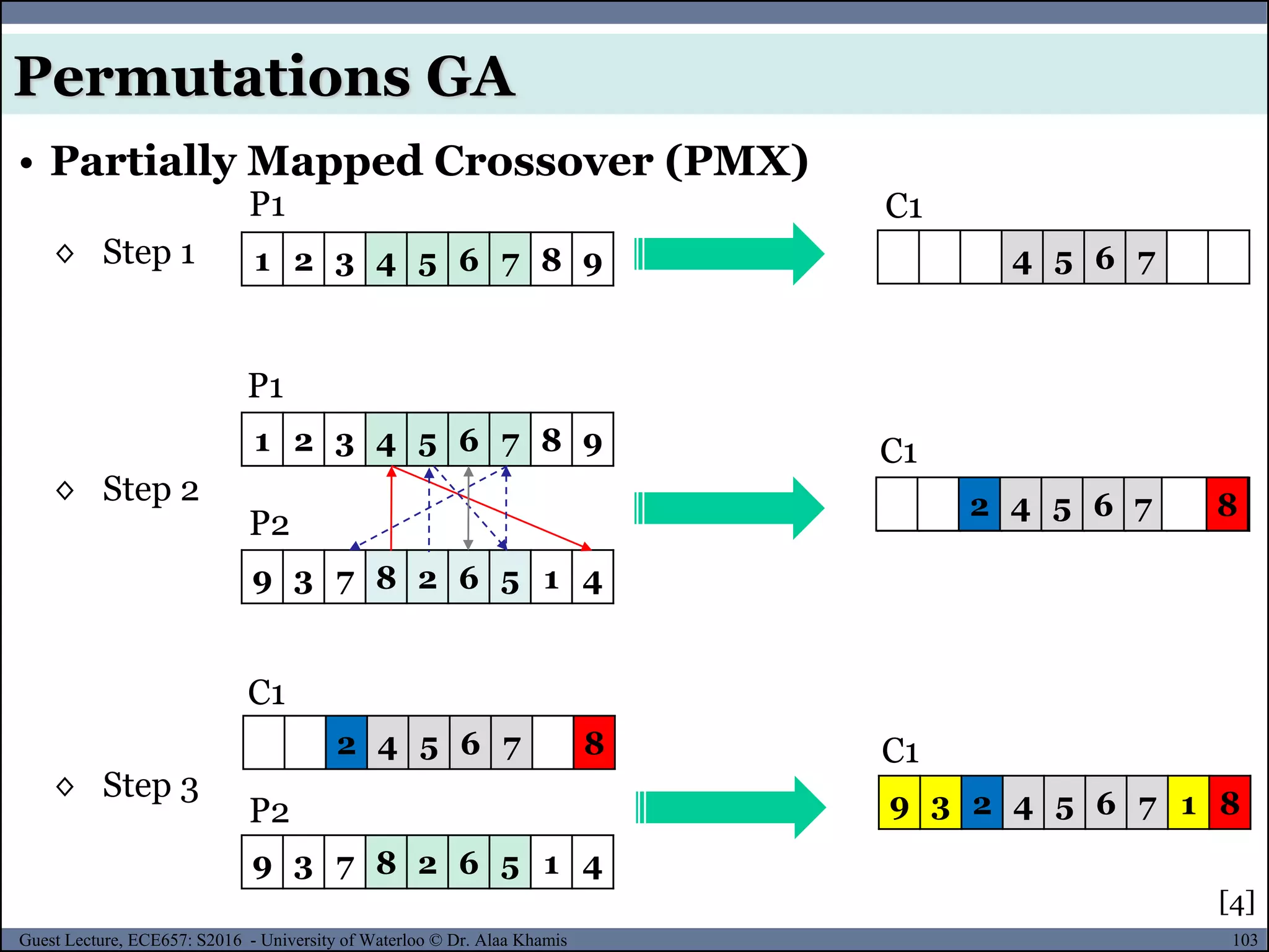 103Guest Lecture, ECE657: S2016 - University of Waterloo © Dr. Alaa Khamis
• Partially Mapped Crossover (PMX)
Permutations GA
◊ Step 1
◊ Step 2
◊ Step 3
1 2 3 4 5 6 7 8 9 4 5 6 7
1 2 3 4 5 6 7 8 9
9 3 7 8 2 6 5 1 4
4 5 6 7 8
9 3 7 8 2 6 5 1 4
9 3 2 4 5 6 7 1 8
2 4 5 6 7 8
2 4 5 6 7 8
P1 C1
P1
P2
C1
C1
C1
P2
[4]
 