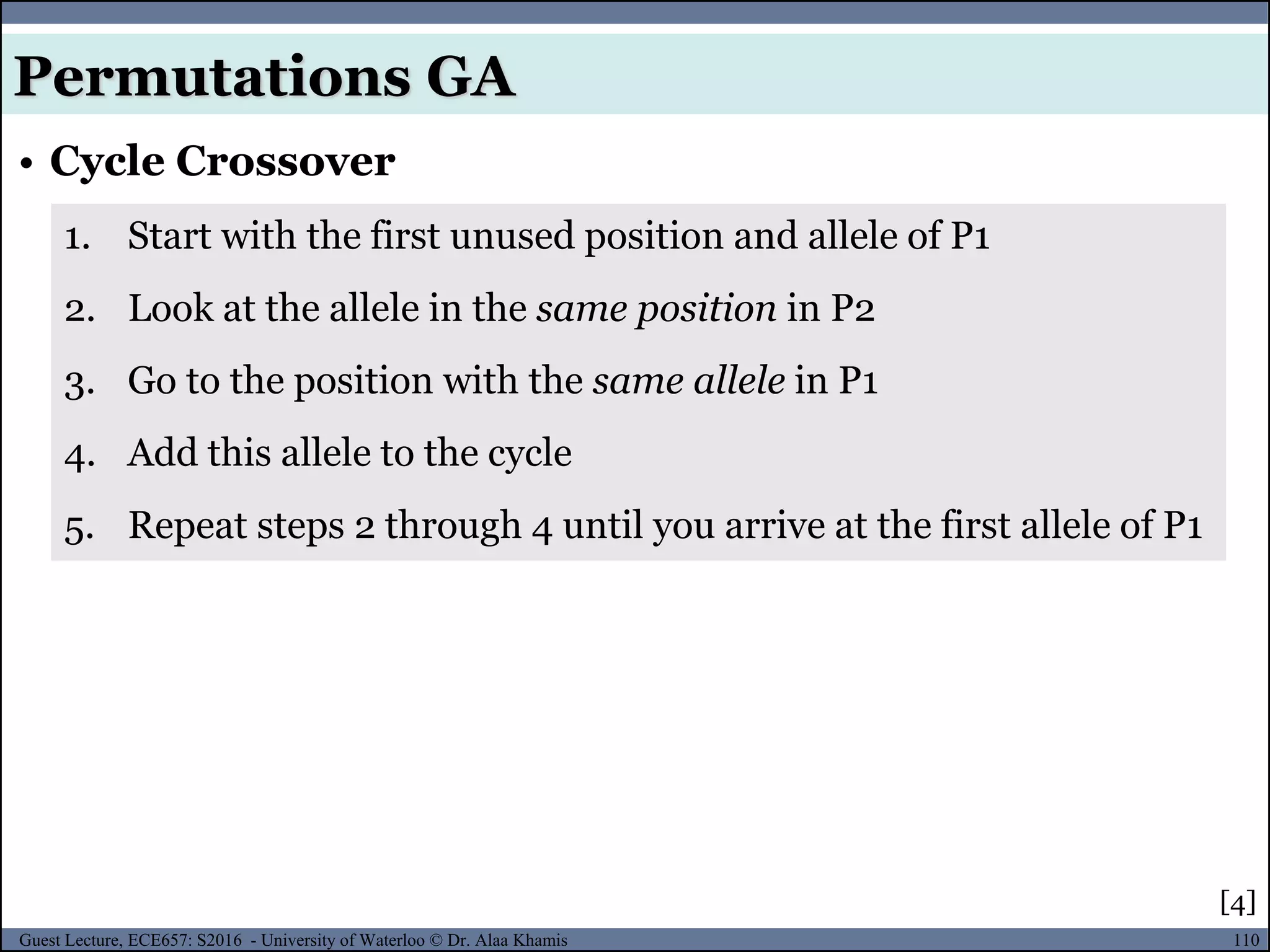 110Guest Lecture, ECE657: S2016 - University of Waterloo © Dr. Alaa Khamis
• Cycle Crossover
Permutations GA
1. Start with the first unused position and allele of P1
2. Look at the allele in the same position in P2
3. Go to the position with the same allele in P1
4. Add this allele to the cycle
5. Repeat steps 2 through 4 until you arrive at the first allele of P1
[4]
 