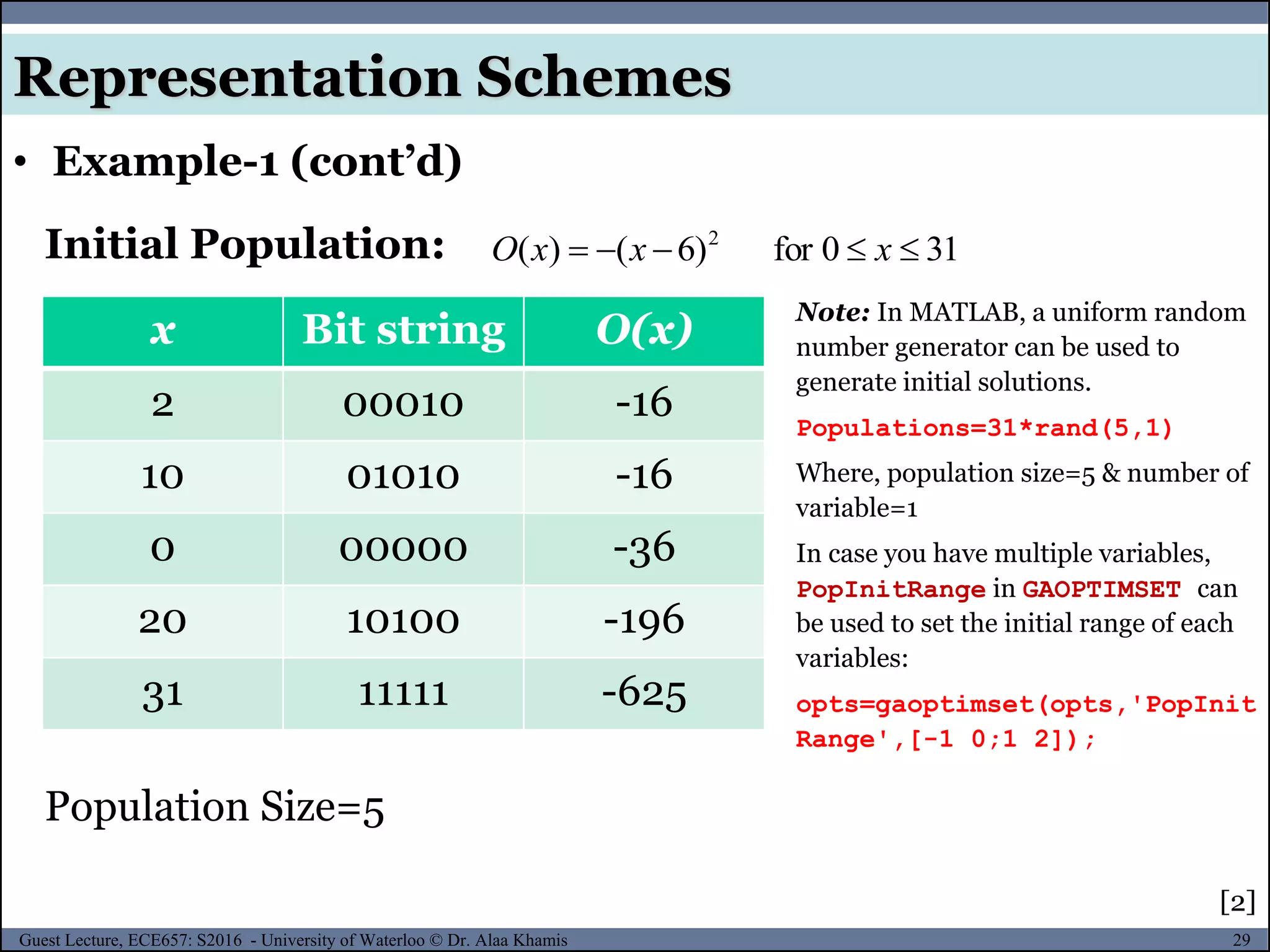 29Guest Lecture, ECE657: S2016 - University of Waterloo © Dr. Alaa Khamis
• Example-1 (cont’d)
Representation Schemes
Initial Population: 310for)6()( 2
 xxxO
x Bit string O(x)
2 00010 -16
10 01010 -16
0 00000 -36
20 10100 -196
31 11111 -625
[2]
Population Size=5
Note: In MATLAB, a uniform random
number generator can be used to
generate initial solutions.
Populations=31*rand(5,1)
Where, population size=5 & number of
variable=1
In case you have multiple variables,
PopInitRange in GAOPTIMSET can
be used to set the initial range of each
variables:
opts=gaoptimset(opts,'PopInit
Range',[-1 0;1 2]);
 