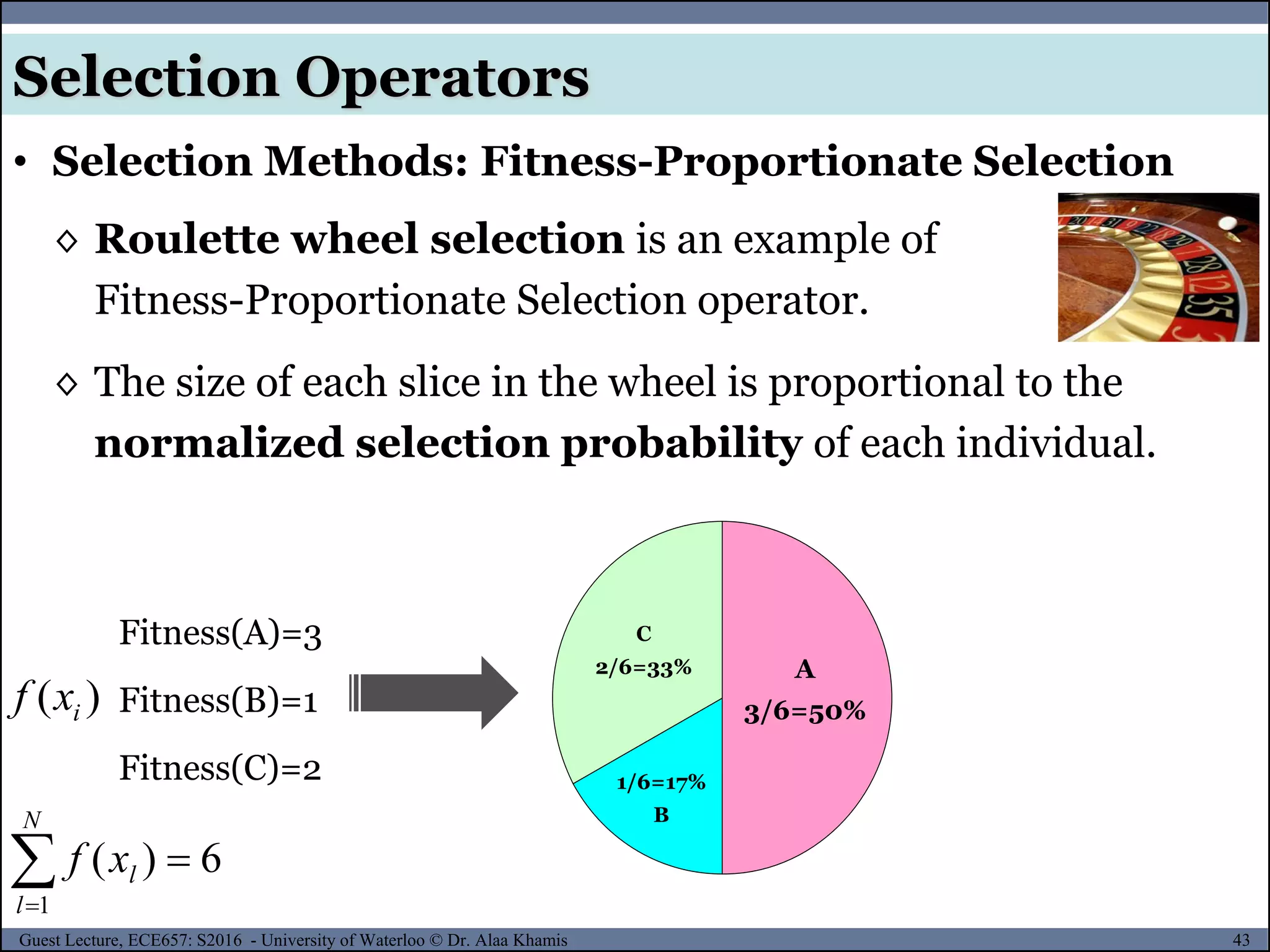 43Guest Lecture, ECE657: S2016 - University of Waterloo © Dr. Alaa Khamis
Selection Operators
• Selection Methods: Fitness-Proportionate Selection
◊ Roulette wheel selection is an example of
Fitness-Proportionate Selection operator.
◊ The size of each slice in the wheel is proportional to the
normalized selection probability of each individual.
Fitness(A)=3
Fitness(B)=1
Fitness(C)=2
A
3/6=50%
1/6=17%
B
C
2/6=33%
6)(
1

N
l
lxf
)( ixf
 