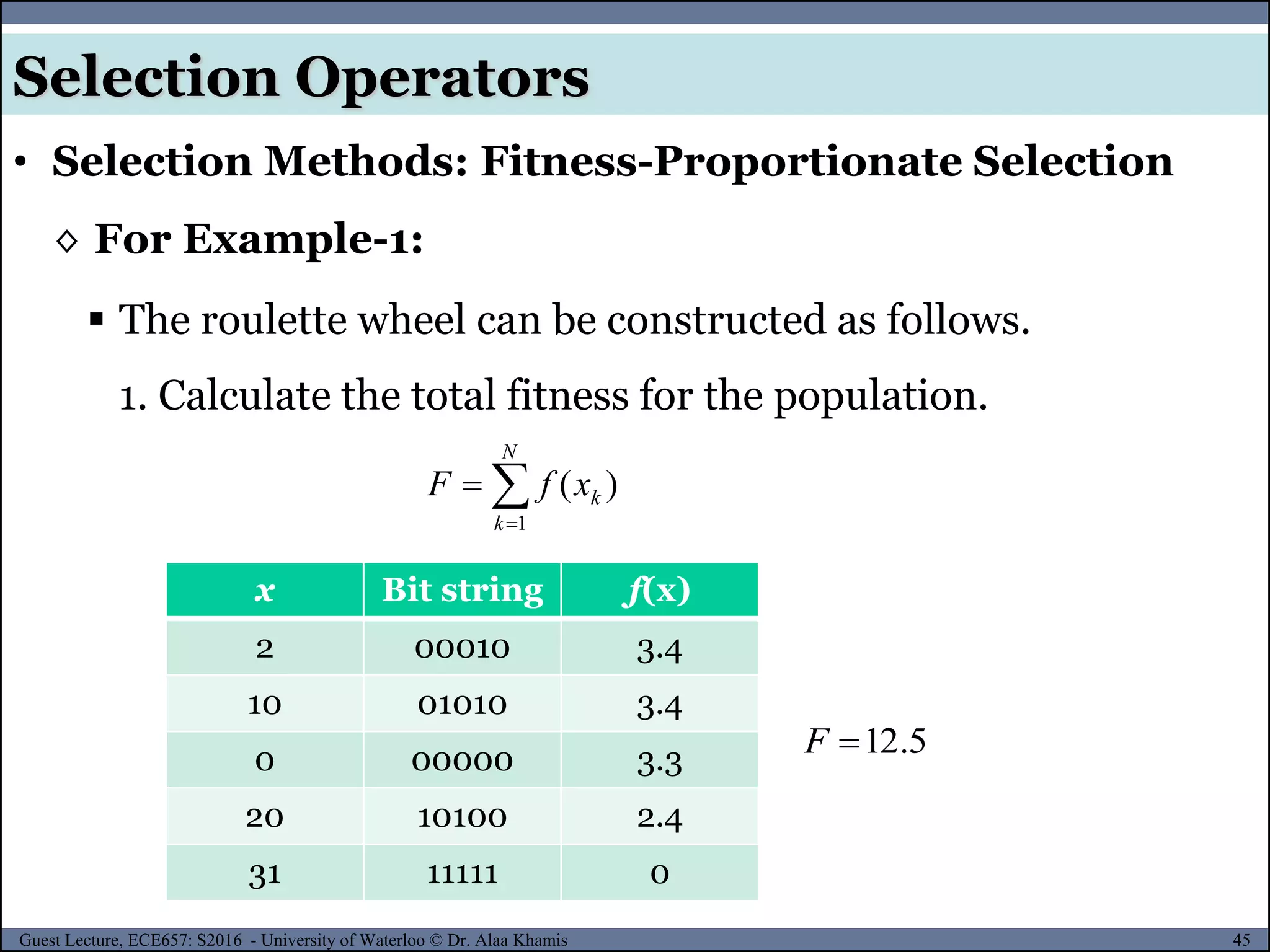 45Guest Lecture, ECE657: S2016 - University of Waterloo © Dr. Alaa Khamis
Selection Operators
◊ For Example-1:
 The roulette wheel can be constructed as follows.
1. Calculate the total fitness for the population.


N
k
kxfF
1
)(
5.12F
x Bit string f(x)
2 00010 3.4
10 01010 3.4
0 00000 3.3
20 10100 2.4
31 11111 0
• Selection Methods: Fitness-Proportionate Selection
 