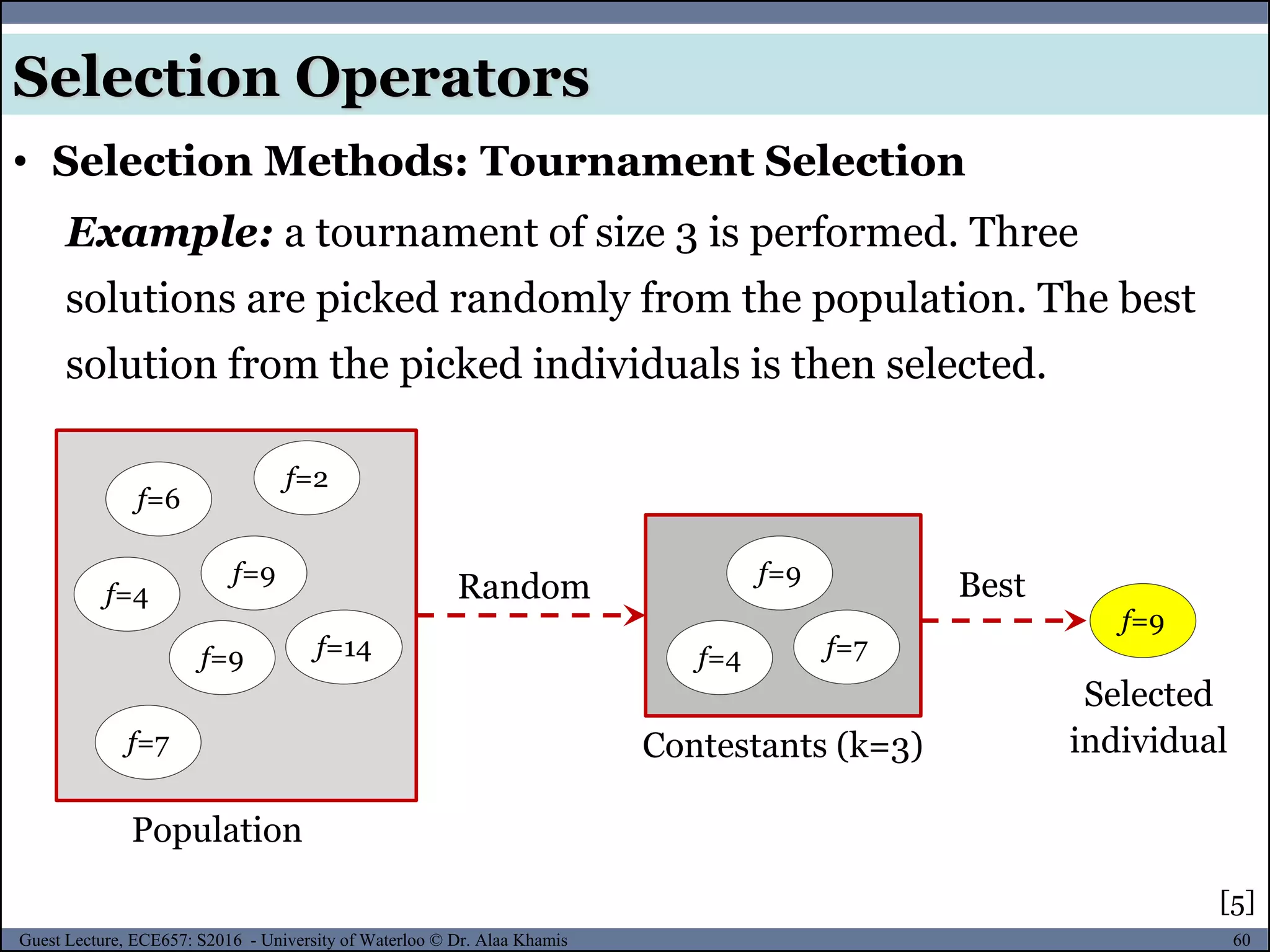 60Guest Lecture, ECE657: S2016 - University of Waterloo © Dr. Alaa Khamis
Selection Operators
• Selection Methods: Tournament Selection
[5]
f=6
f=2
f=9
f=4
f=9 f=14
f=7
f=9
f=4 f=7
f=9
BestRandom
Population
Contestants (k=3)
Selected
individual
Example: a tournament of size 3 is performed. Three
solutions are picked randomly from the population. The best
solution from the picked individuals is then selected.
 