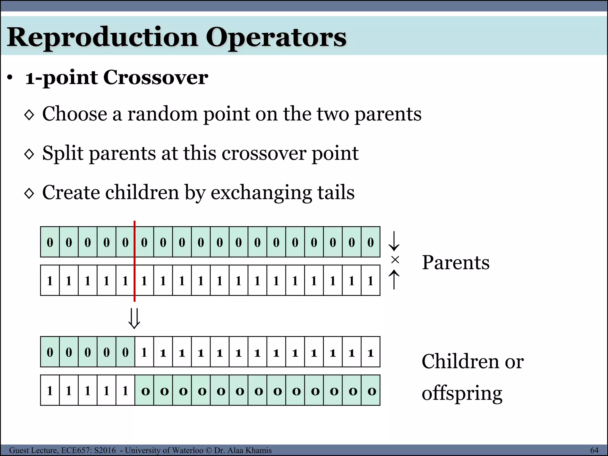 64Guest Lecture, ECE657: S2016 - University of Waterloo © Dr. Alaa Khamis
Reproduction Operators
• 1-point Crossover
0 0 0 0 0 0 0 0 0 0 0 0 0 0 0 0 0 0



◊ Choose a random point on the two parents
◊ Split parents at this crossover point
◊ Create children by exchanging tails
1 1 1 1 1 1 1 1 1 1 1 1 1 1 1 1 1 1
0 0 0 0 0 1 1 1 1 1 1 1 1 1 1 1 1 1
1 1 1 1 1 0 0 0 0 0 0 0 0 0 0 0 0 0

Parents
Children or
offspring
 