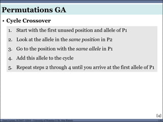 110Guest Lecture, ECE657: S2016 - University of Waterloo © Dr. Alaa Khamis
• Cycle Crossover
Permutations GA
1. Start with the first unused position and allele of P1
2. Look at the allele in the same position in P2
3. Go to the position with the same allele in P1
4. Add this allele to the cycle
5. Repeat steps 2 through 4 until you arrive at the first allele of P1
[4]
 