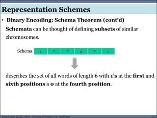 27Guest Lecture, ECE657: S2016 - University of Waterloo © Dr. Alaa Khamis
Representation Schemes
Schemata can be thought of defining subsets of similar
chromosomes.
1 * * 0 * 1Schema
describes the set of all words of length 6 with 1’s at the first and
sixth positions a 0 at the fourth position.
• Binary Encoding: Schema Theorem (cont’d)
 