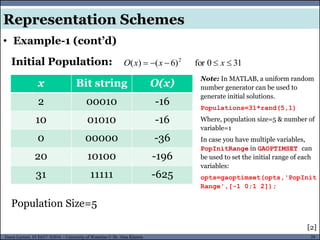 29Guest Lecture, ECE657: S2016 - University of Waterloo © Dr. Alaa Khamis
• Example-1 (cont’d)
Representation Schemes
Initial Population: 310for)6()( 2
 xxxO
x Bit string O(x)
2 00010 -16
10 01010 -16
0 00000 -36
20 10100 -196
31 11111 -625
[2]
Population Size=5
Note: In MATLAB, a uniform random
number generator can be used to
generate initial solutions.
Populations=31*rand(5,1)
Where, population size=5 & number of
variable=1
In case you have multiple variables,
PopInitRange in GAOPTIMSET can
be used to set the initial range of each
variables:
opts=gaoptimset(opts,'PopInit
Range',[-1 0;1 2]);
 