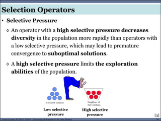 39Guest Lecture, ECE657: S2016 - University of Waterloo © Dr. Alaa Khamis
◊ An operator with a high selective pressure decreases
diversity in the population more rapidly than operators with
a low selective pressure, which may lead to premature
convergence to suboptimal solutions.
◊ A high selective pressure limits the exploration
abilities of the population.
• Selective Pressure
High selective
pressure
Low selective
pressure
Selection Operators
[3]
 