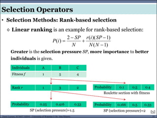 53Guest Lecture, ECE657: S2016 - University of Waterloo © Dr. Alaa Khamis
Selection Operators
• Selection Methods: Rank-based selection
◊ Linear ranking is an example for rank-based selection:
)1(
)1)((2
)(





NN
SPir
N
SP
iP
Greater is the selection pressure SP, more importance to better
individuals is given.
[5]
Individuals A B C
Fitness f 1 5 4
Rank r 1 3 2
Probability 0.25 0.416 0.33
SP (selection pressure)=1.5
Probability 0.1 0.5 0.4
Probability 0.166 0.5 0.33
SP (selection pressure)=2
Roulette section with fitness
 