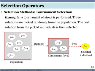 60Guest Lecture, ECE657: S2016 - University of Waterloo © Dr. Alaa Khamis
Selection Operators
• Selection Methods: Tournament Selection
[5]
f=6
f=2
f=9
f=4
f=9 f=14
f=7
f=9
f=4 f=7
f=9
BestRandom
Population
Contestants (k=3)
Selected
individual
Example: a tournament of size 3 is performed. Three
solutions are picked randomly from the population. The best
solution from the picked individuals is then selected.
 