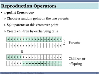 64Guest Lecture, ECE657: S2016 - University of Waterloo © Dr. Alaa Khamis
Reproduction Operators
• 1-point Crossover
0 0 0 0 0 0 0 0 0 0 0 0 0 0 0 0 0 0



◊ Choose a random point on the two parents
◊ Split parents at this crossover point
◊ Create children by exchanging tails
1 1 1 1 1 1 1 1 1 1 1 1 1 1 1 1 1 1
0 0 0 0 0 1 1 1 1 1 1 1 1 1 1 1 1 1
1 1 1 1 1 0 0 0 0 0 0 0 0 0 0 0 0 0

Parents
Children or
offspring
 