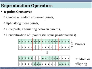 66Guest Lecture, ECE657: S2016 - University of Waterloo © Dr. Alaa Khamis
Reproduction Operators
• n-point Crossover
◊ Choose n random crossover points,
◊ Split along those points,
◊ Glue parts, alternating between parents,
◊ Generalization of 1 point (still some positional bias).
0 0 0 0 0 0 0 0 0 0 0 0 0 0 0 0 0 0



1 1 1 1 1 1 1 1 1 1 1 1 1 1 1 1 1 1
0 0 0 0 0 1 1 1 0 0 0 0 0 0 1 1 1 1
1 1 1 1 1 0 0 0 1 1 1 1 1 1 0 0 0 0

Parents
Children or
offspring
 