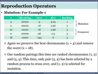 74Guest Lecture, ECE657: S2016 - University of Waterloo © Dr. Alaa Khamis
• Mutation: For Example-1
Reproduction Operators
x Bit string O(x) f(x) Ranking
4 00100 -4 3.24 1
2 00010 -16 2.96 2
10 01010 -16 2.96 3
0 00000 -36 2.5 4
18 10010 -144 0 5
◊ Again we preserve the best chromosome (x = 4) and remove
the worst (x = 18).
◊ Our random pairings this time are ranked chromosomes (1, 2)
and (3, 4). This time, only pair (3, 4) has been selected by a
random process to cross over, and (1, 2) is selected for
mutation.

Crossover
Mutation
 