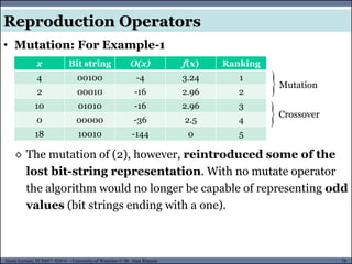 76Guest Lecture, ECE657: S2016 - University of Waterloo © Dr. Alaa Khamis
• Mutation: For Example-1
Reproduction Operators
x Bit string O(x) f(x) Ranking
4 00100 -4 3.24 1
2 00010 -16 2.96 2
10 01010 -16 2.96 3
0 00000 -36 2.5 4
18 10010 -144 0 5
◊ The mutation of (2), however, reintroduced some of the
lost bit-string representation. With no mutate operator
the algorithm would no longer be capable of representing odd
values (bit strings ending with a one).

Crossover
Mutation
 