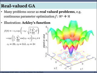 87Guest Lecture, ECE657: S2016 - University of Waterloo © Dr. Alaa Khamis
Real-valued GA
• Many problems occur as real valued problems, e.g.
continuous parameter optimization f : n  
• Illustration: Ackley’s function
 