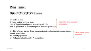 10/25/2019 4
Run Time:
O(G(N(M(R(P(V+E))))))
V= nodes of load
E= Line section between loads
P= # of Population of power network g =(V+E)
R=# of generation to evolve the power network g =(V+E)
M= 24 # of genes having fittest power network and optimized energy sources
from R generation
N= # of M population
G= # of generation to evolve N population
Nested GA for two objective
optimization
GA for evolve fittest
individual
 